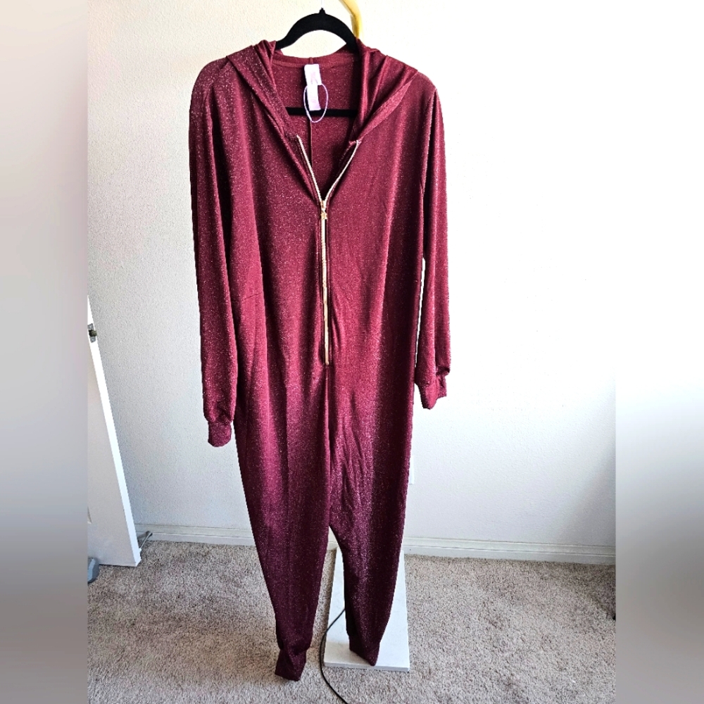 Cozy Sparkle Hooded Onesie - Burgundy